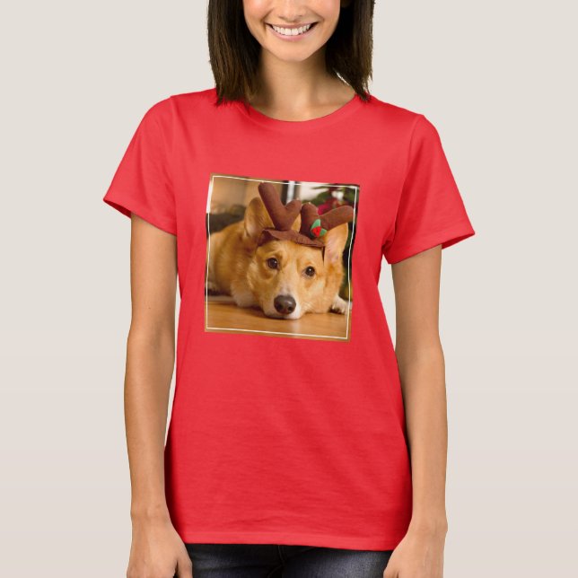Cutest Baby Animals | Corgi Christmas Reindeer T-Shirt (Front)