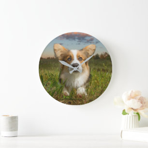 Cutest Baby Animals Corgi in Cloudy Yard Large Clock