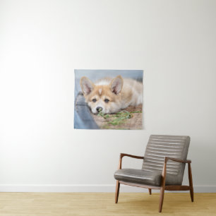 Cutest Baby Animals Corgi Laying in the Yard Tapestry