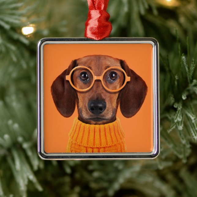 Cutest Baby Animals | Dachshund Orange Sweater Metal Ornament (Tree)