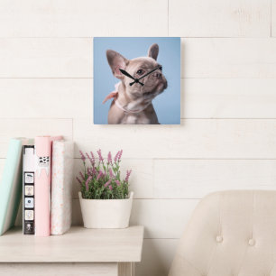 Cutest Baby Animals French Bulldog Pink Bow Square Wall Clock