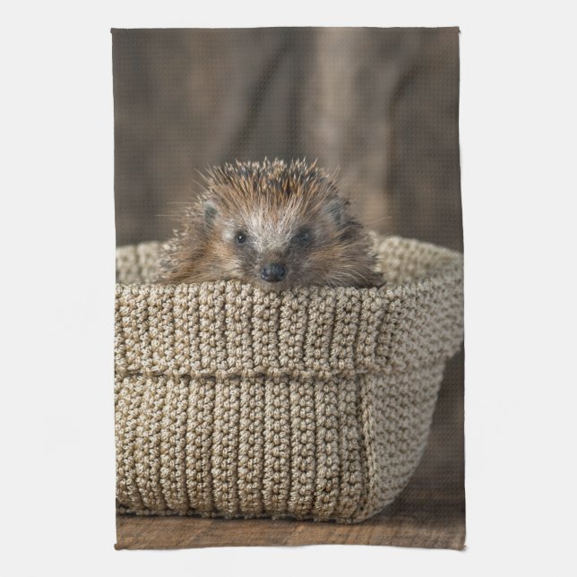 Cutest Baby Animals | Hedgehog in a Basket Kitchen Towel (Vertical)