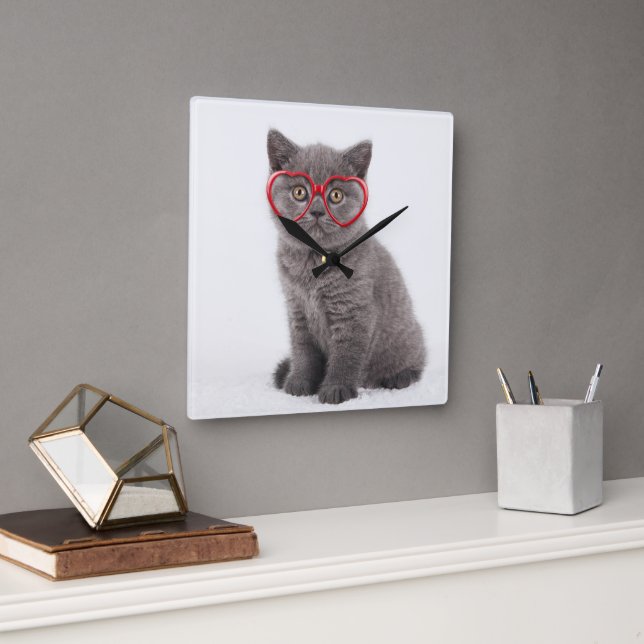 Cutest Baby Animals | Kitten Heart Glasses Square Wall Clock (Office)