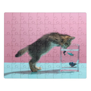 Cutest Baby Animals Kitten Looking at Fish Bowl Jigsaw Puzzle