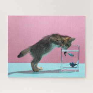 Cutest Baby Animals Kitten Looking at Fish Bowl Jigsaw Puzzle