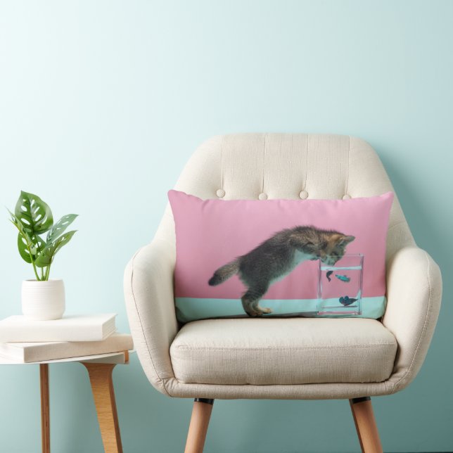 Cutest Baby Animals | Kitten Looking at Fish Bowl Lumbar Pillow (Chair)