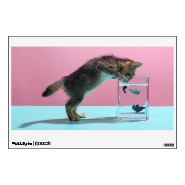Cutest Baby Animals | Kitten Looking at Fish Bowl Wall Decal (Front)