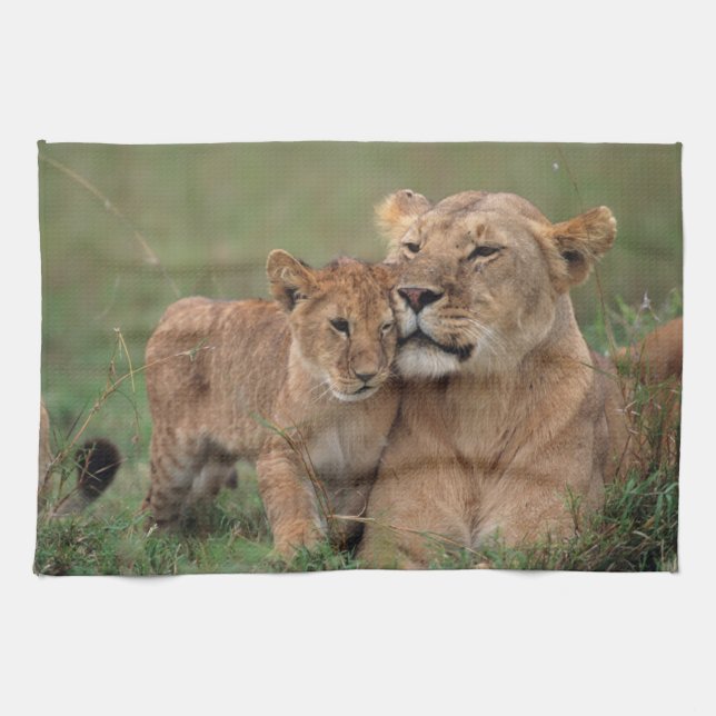 Cutest Baby Animals | Lion Cub & Mother Kitchen Towel (Horizontal)