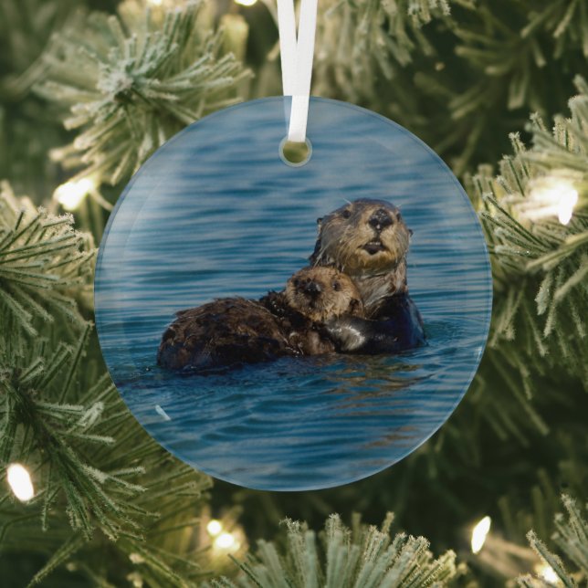 Cutest Baby Animals | Mother & Baby Sea Otter Glass Ornament (Insitu)