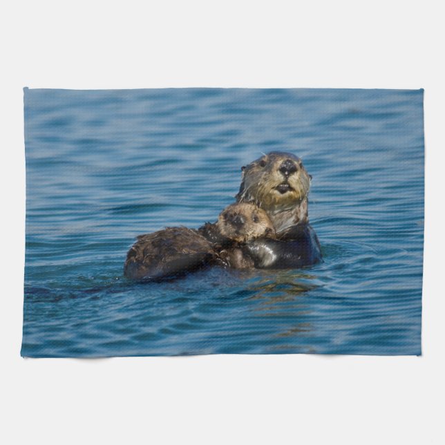 Cutest Baby Animals | Mother & Baby Sea Otter Kitchen Towel (Horizontal)