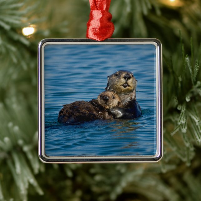 Cutest Baby Animals | Mother & Baby Sea Otter Metal Ornament (Tree)
