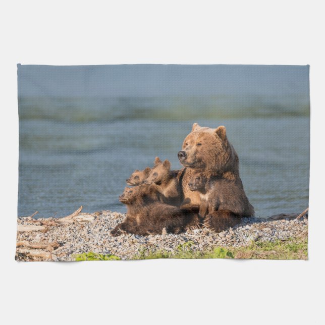 Cutest Baby Animals | Mother Bear & Cubs Kitchen Towel (Horizontal)