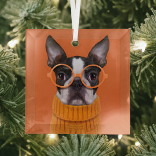 Cutest Baby Animals Orange Boston Terrier Glass Ornament