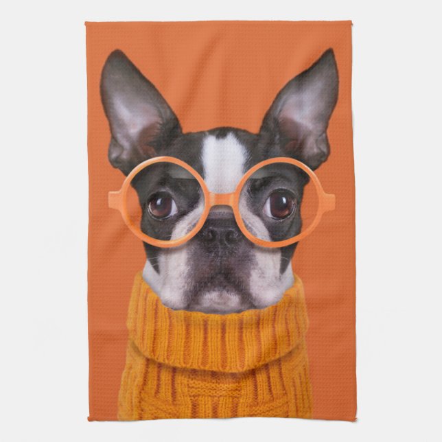 Cutest Baby Animals | Orange Boston Terrier Kitchen Towel (Vertical)