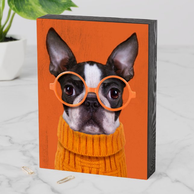 Cutest Baby Animals | Orange Boston Terrier Wooden Box Sign (In Situ Vertical)