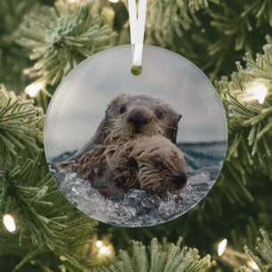 Cutest Baby Animals Otter Baby & Mother Glass Ornament