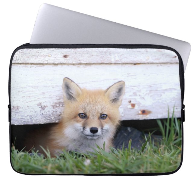 Cutest Baby Animals | Red Fox Kit Peeking Laptop Sleeve (Front)