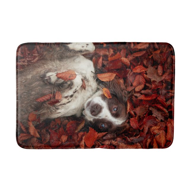 Cutest Baby Animals | Spaniel in Autumn Leaves Bath Mat (Front)