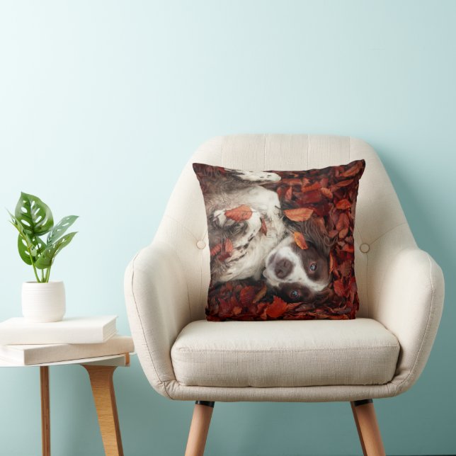Cutest Baby Animals | Spaniel in Autumn Leaves Throw Pillow (Chair)