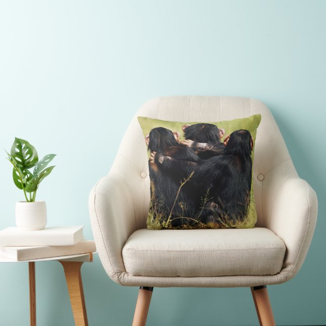 Cutest Baby Animals | Three Chimpanzees Hugging Throw Pillow (Chair)