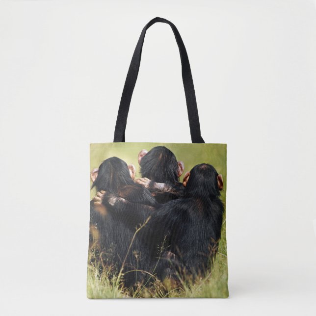 Cutest Baby Animals | Three Chimpanzees Hugging Tote Bag (Front)