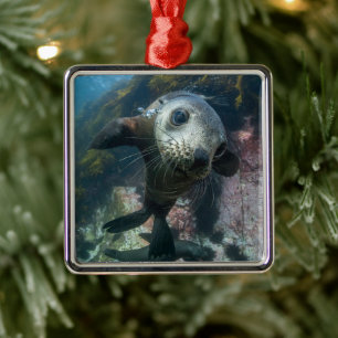 Cutest Baby Animals Underwater Cape Fur Seal Metal Ornament