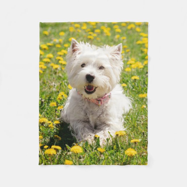 Cutest Baby Animals | Westie Dog in Dandelions Fleece Blanket (Front)