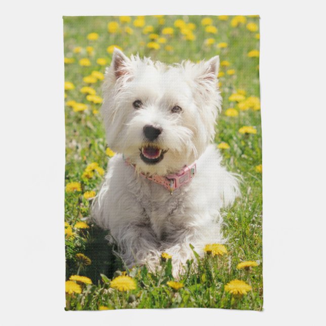 Cutest Baby Animals | Westie Dog in Dandelions Kitchen Towel (Vertical)