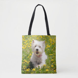 Cutest Baby Animals Westie Dog in Dandelions Tote Bag