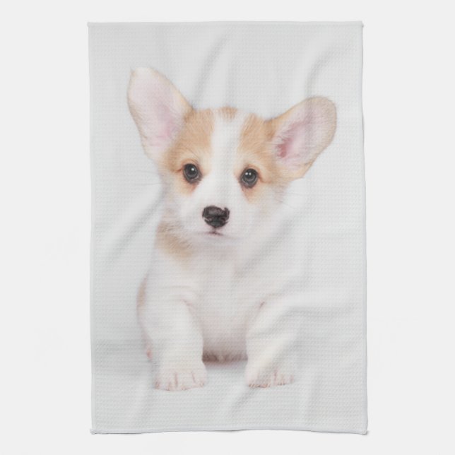 Cutest Baby Animals | White Corgi Puppy Kitchen Towel (Vertical)