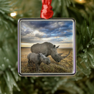 Cutest Baby Animals White Rhino & Calf Metal Ornament