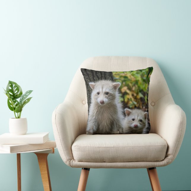 Cutest Baby Animals | Young Blonde Raccoons Throw Pillow (Chair)