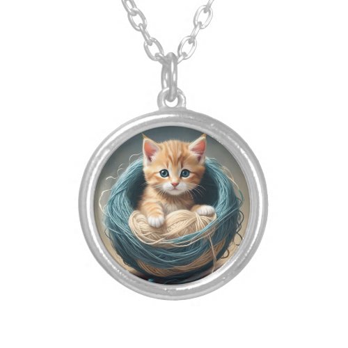 Cutest Baby Kitten In A Ball Of Wool Silver Plated Necklace