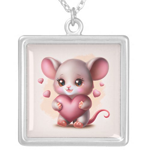 Cutest Baby Mouse with Valentines Heart   Silver Plated Necklace
