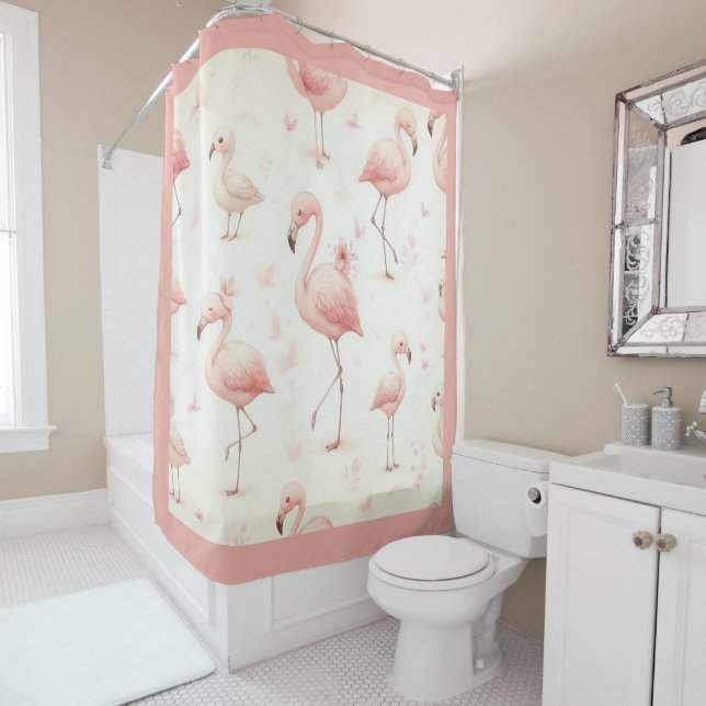 Cutest Flamingo Flock Shower Curtain (In Situ)