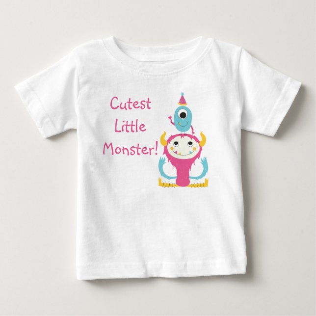 Cutest Little Monster Birthday Hat Pink Blue Baby T-Shirt (Front)