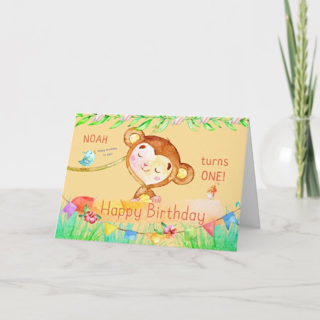 Cutest Monkey First Birthday Letterpress Thank You Card (Front)