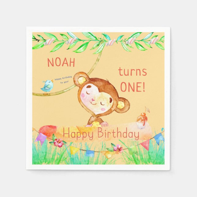 Cutest Monkey First Birthday Napkins (Front)