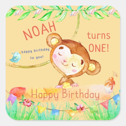 Cutest Monkey First Birthday Square Sticker