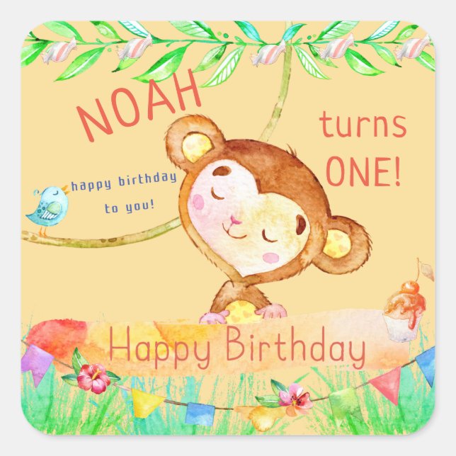 Cutest Monkey First Birthday Square Sticker (Front)