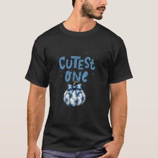 Cutest One Pumpkin Floral Coquette Blue Bow Thanks T-Shirt