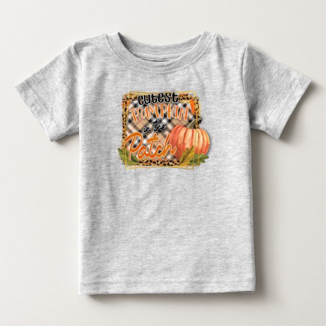Cutest Pumpkin In The Patch Fall Plaid And Leopard Baby T-Shirt (Front)