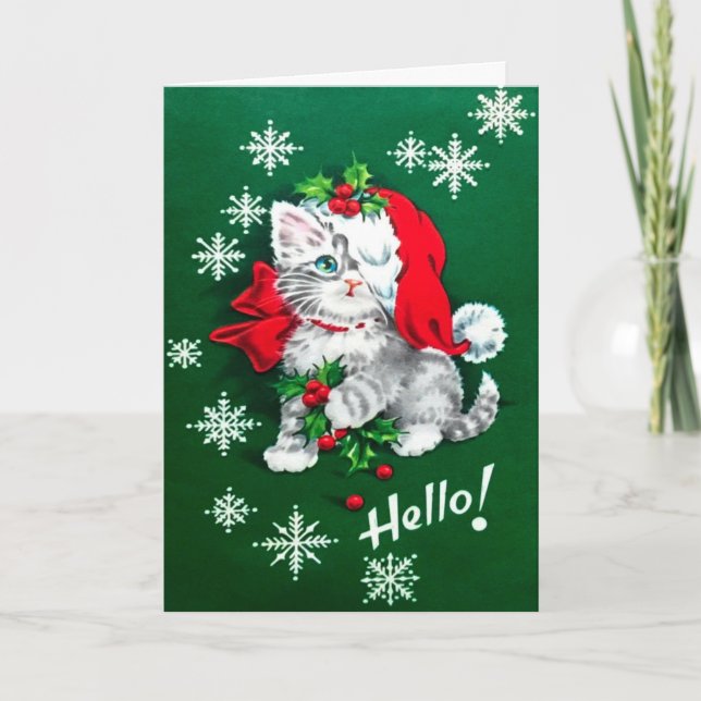 Cutest vintage Christmas Kitten Holiday Card (Front)
