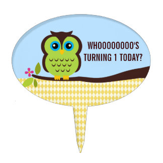Cutesy Lime Green Owl First Birthday Cake Topper