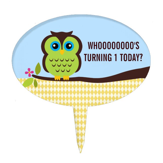 Cutesy Lime Green Owl First Birthday Cake Topper (Front)
