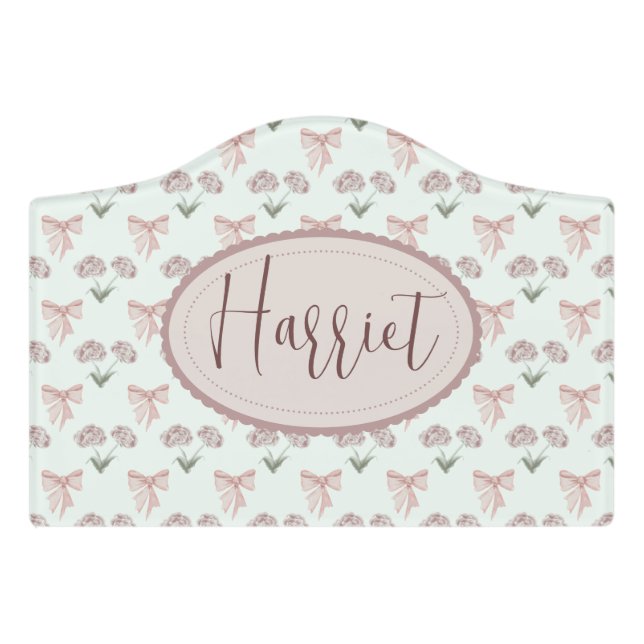 Cutesy Mint Coquette Floral Baby Door Sign (Small Crest Front)