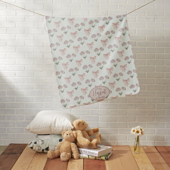 Cutesy Mint Coquette Floral Baby name Baby Blanket (In Situ)