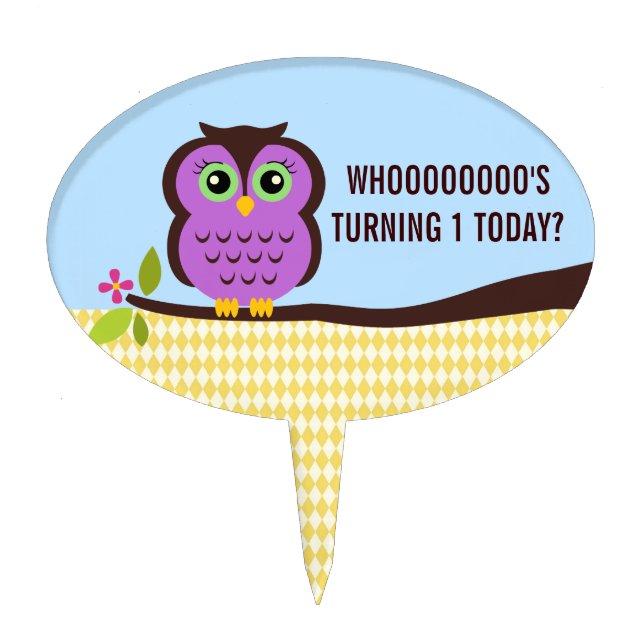Cutesy Purple Owl First Birthday Cake Topper (Front)