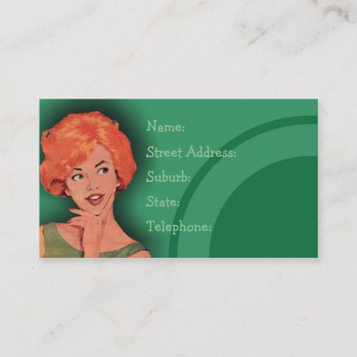 Cutesy Retro Redhead Hairdressing Card Green Business Cards