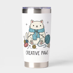 Cutesy White Cat Knitting Enthusiast Yarn Lover Insulated Tumbler